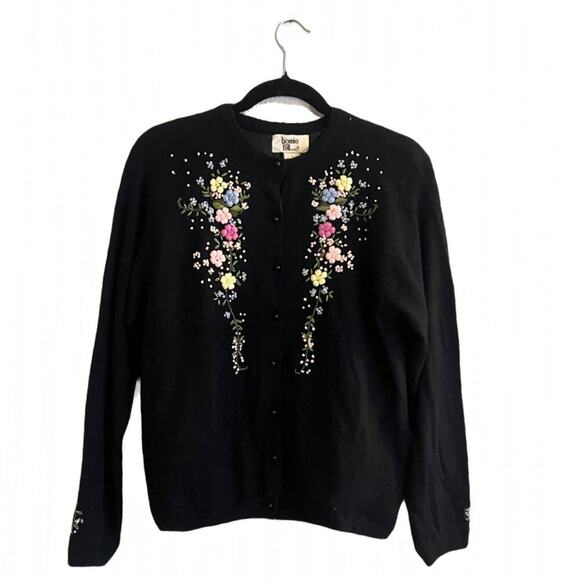 Vintage Bonnie and Bill Floral Embroidered Cardigan Black Large Feminine - Picture 1 of 7